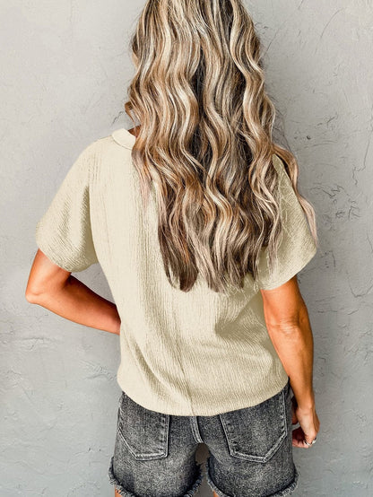 Apricot Crinkled V Neck Short Sleeve Casual Top