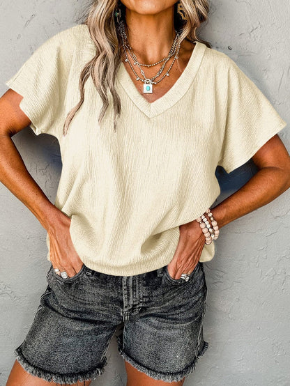 Apricot Crinkled V Neck Short Sleeve Casual Top