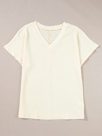 Apricot Crinkled V Neck Short Sleeve Casual Top