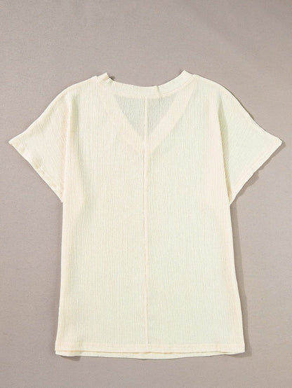 Apricot Crinkled V Neck Short Sleeve Casual Top