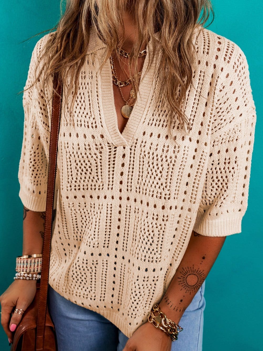 Apricot Crochet V-Neck Knit Sweater Top
