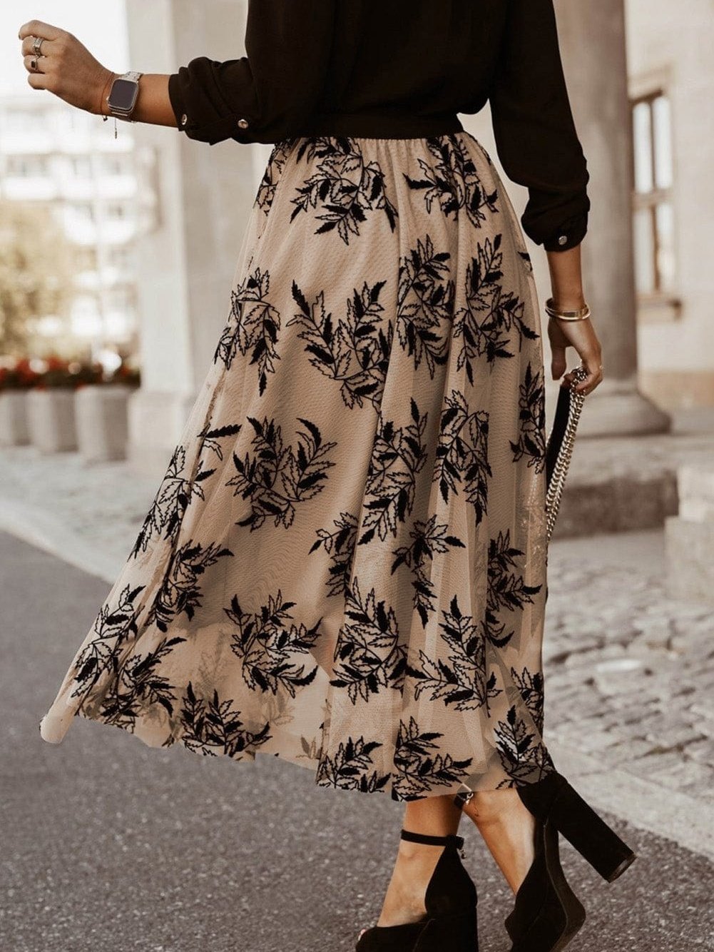 Apricot Floral Embroidered Maxi Skirt with High Waist