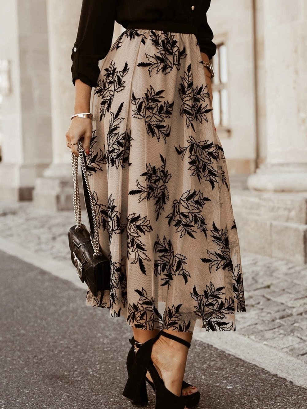 Apricot Floral Embroidered Maxi Skirt with High Waist