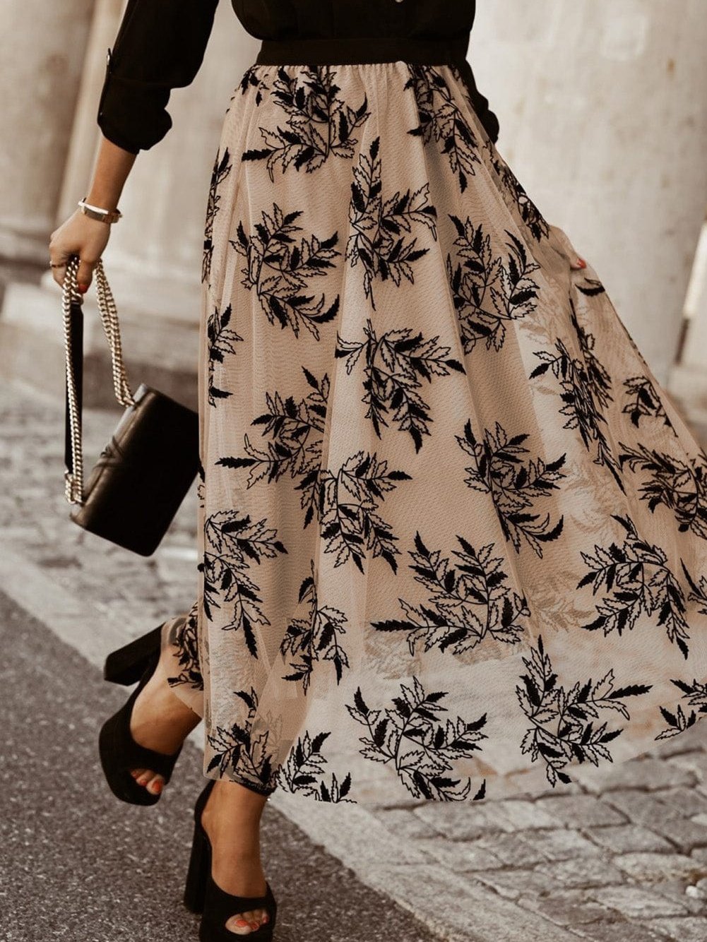Apricot Floral Embroidered Maxi Skirt with High Waist