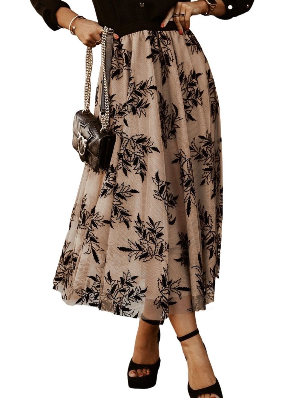 Apricot Floral Embroidered Maxi Skirt with High Waist