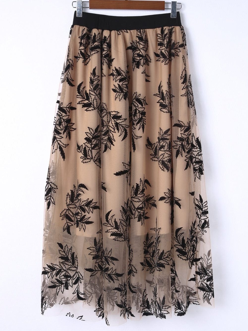 Apricot Floral Embroidered Maxi Skirt with High Waist