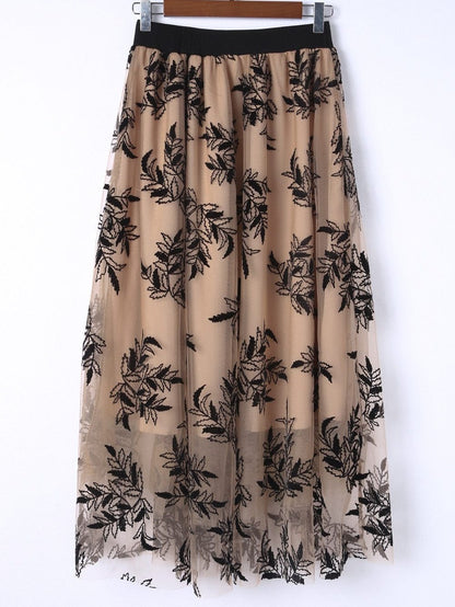 Apricot Floral Embroidered Maxi Skirt with High Waist