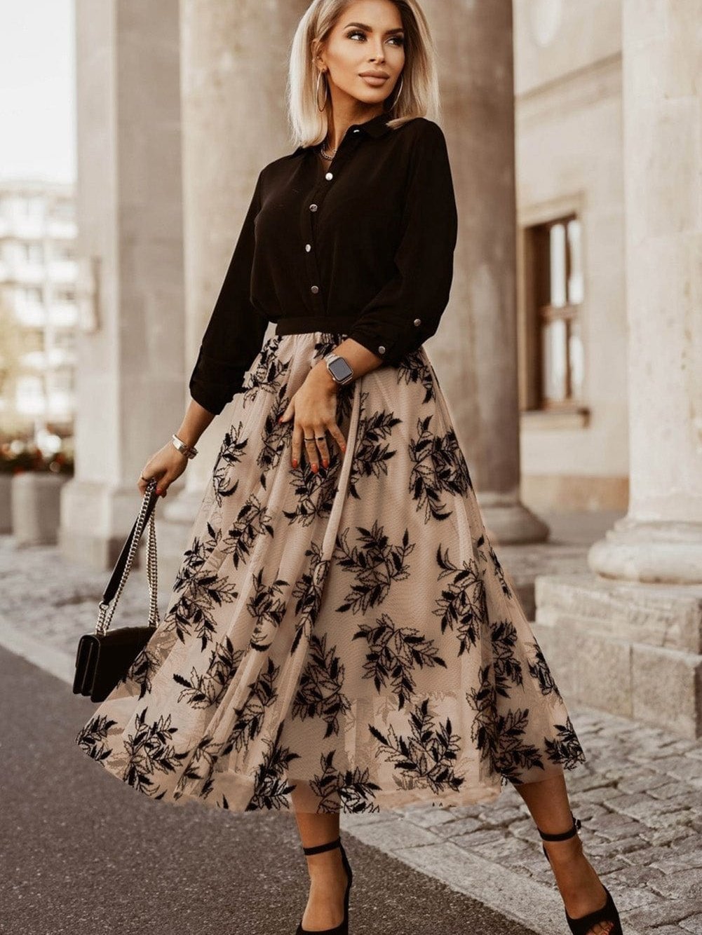 Apricot Floral Embroidered Maxi Skirt with High Waist