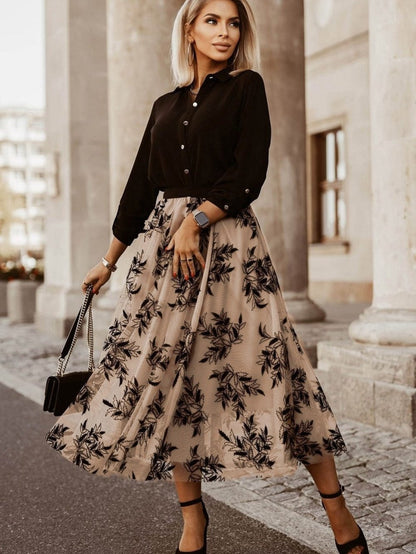 Apricot Floral Embroidered Maxi Skirt with High Waist