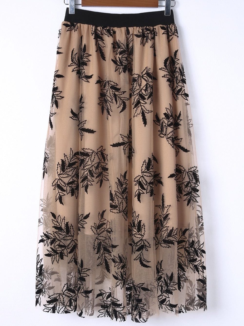 Apricot Floral Embroidered Maxi Skirt with High Waist