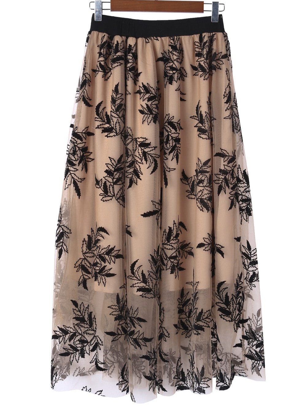 Apricot Floral Embroidered Maxi Skirt with High Waist