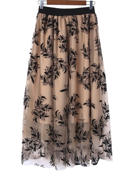 Apricot Floral Embroidered Maxi Skirt with High Waist