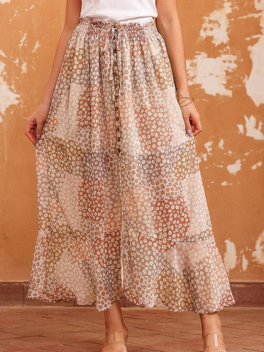 Apricot Floral Smocked Boho Maxi Skirt with Button Front Slit