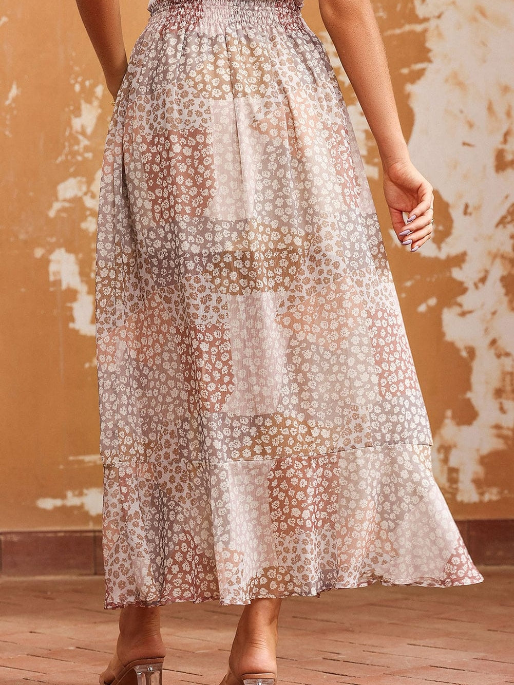 Apricot Floral Smocked Boho Maxi Skirt with Button Front Slit