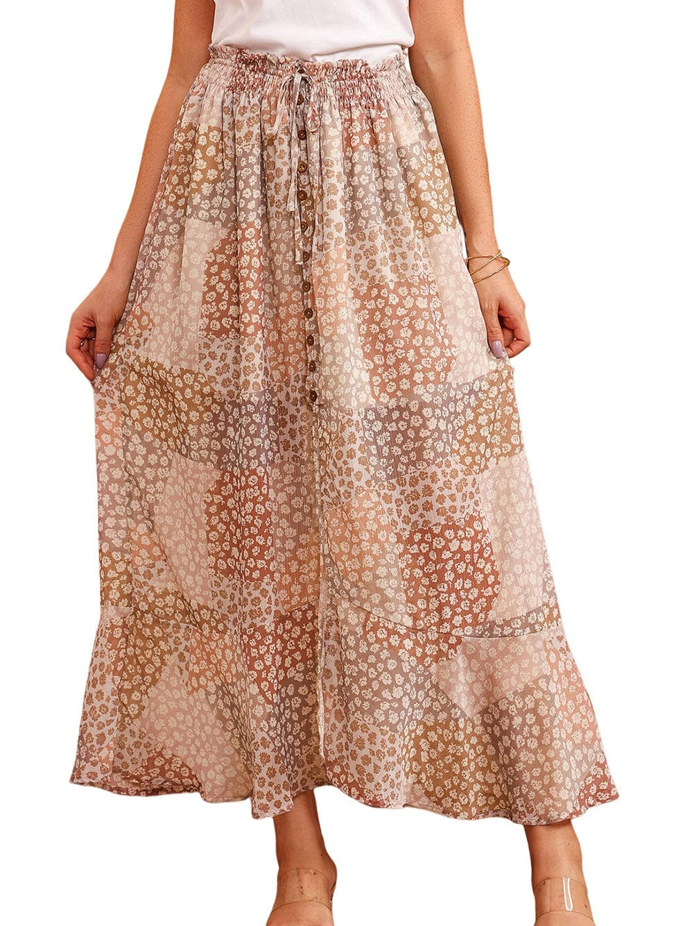 Apricot Floral Smocked Boho Maxi Skirt with Button Front Slit