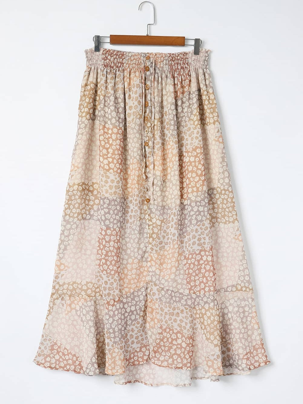 Apricot Floral Smocked Boho Maxi Skirt with Button Front Slit
