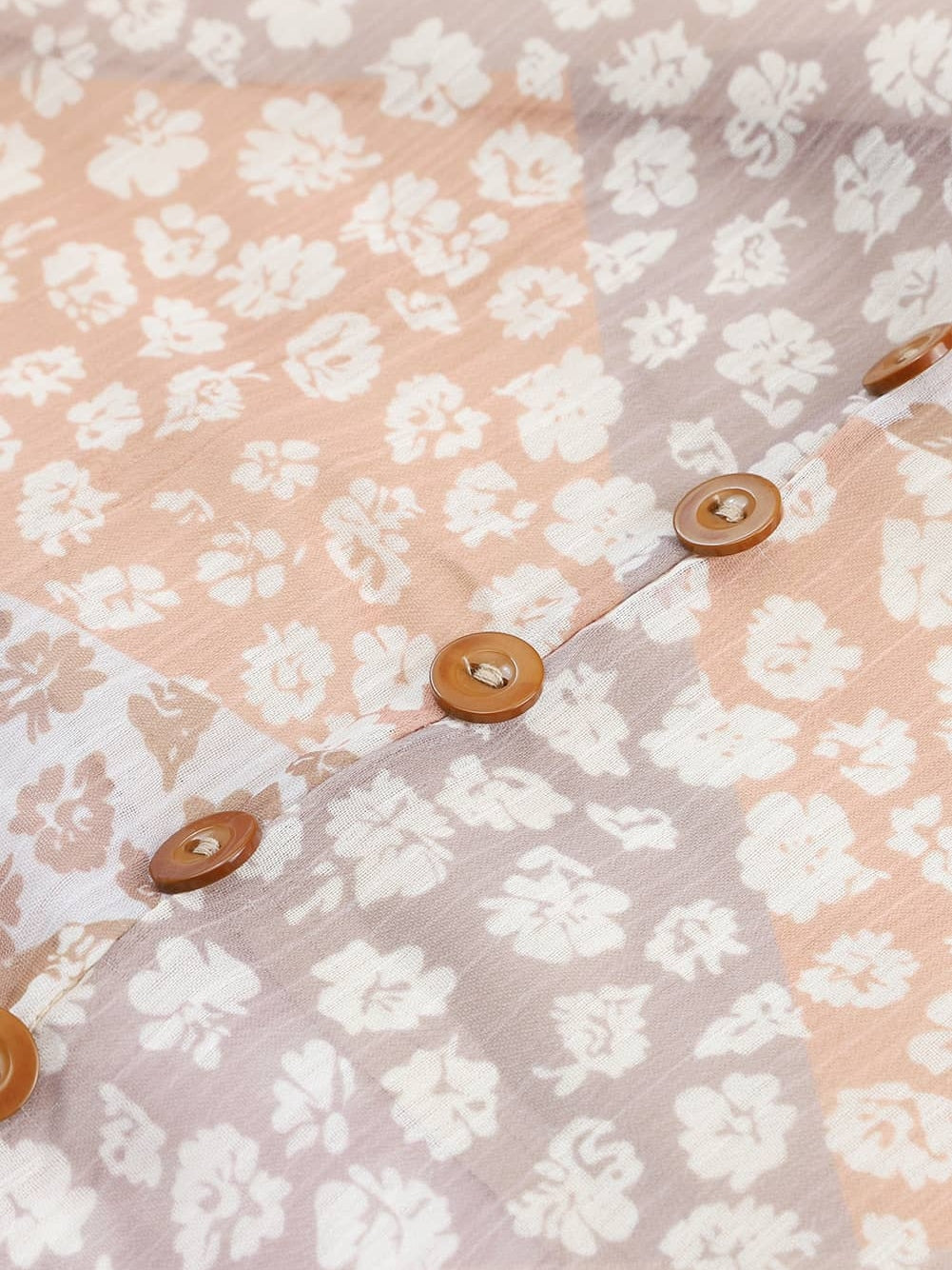 Apricot Floral Smocked Boho Maxi Skirt with Button Front Slit