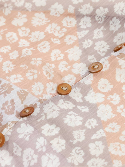 Apricot Floral Smocked Boho Maxi Skirt with Button Front Slit