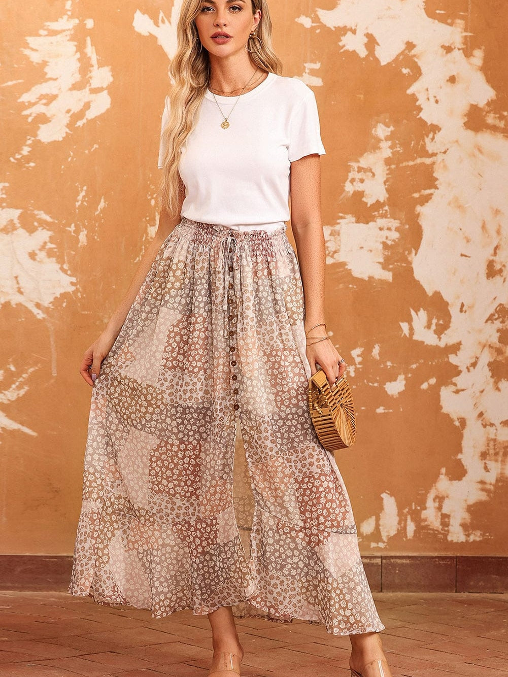 Apricot Floral Smocked Boho Maxi Skirt with Button Front Slit