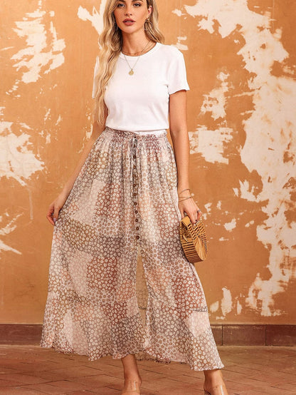 Apricot Floral Smocked Boho Maxi Skirt with Button Front Slit