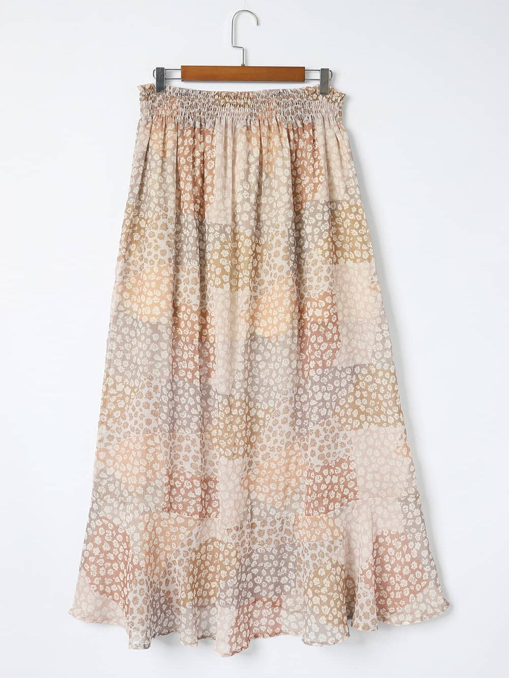 Apricot Floral Smocked Boho Maxi Skirt with Button Front Slit