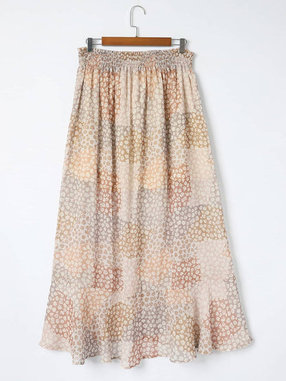 Apricot Floral Smocked Boho Maxi Skirt with Button Front Slit