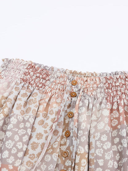 Apricot Floral Smocked Boho Maxi Skirt with Button Front Slit