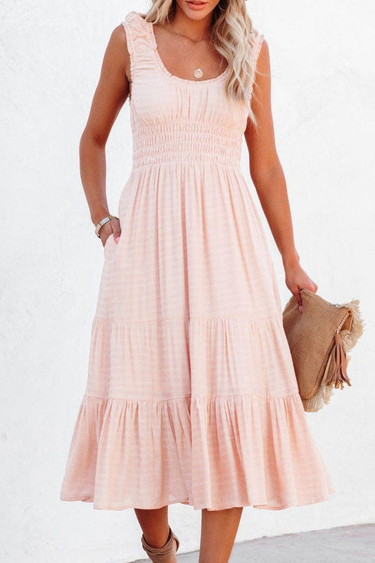 Apricot Flounce A-line Midi Dress with Smocked Waist