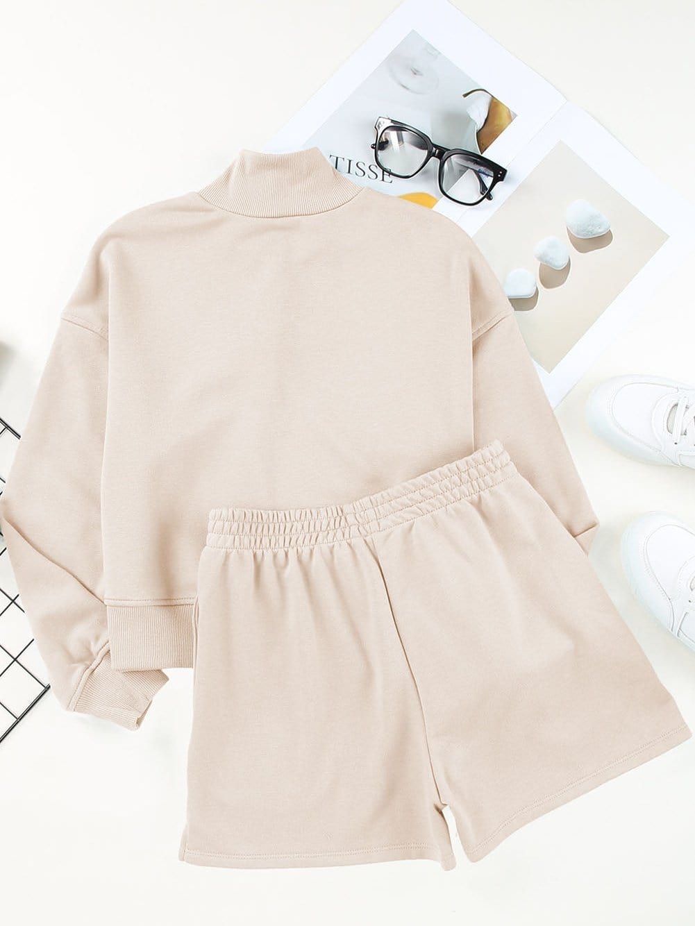 Apricot High Neck Henley Top and Shorts Set - Stylish Casual Outfit