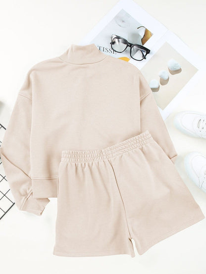 Apricot High Neck Henley Top and Shorts Set - Stylish Casual Outfit