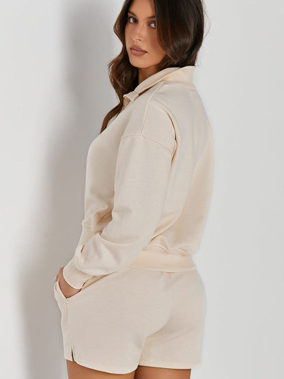 Apricot High Neck Henley Top and Shorts Set - Stylish Casual Outfit