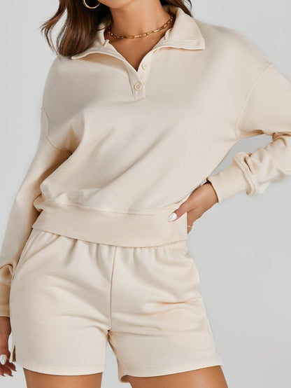 Apricot High Neck Henley Top and Shorts Set - Stylish Casual Outfit