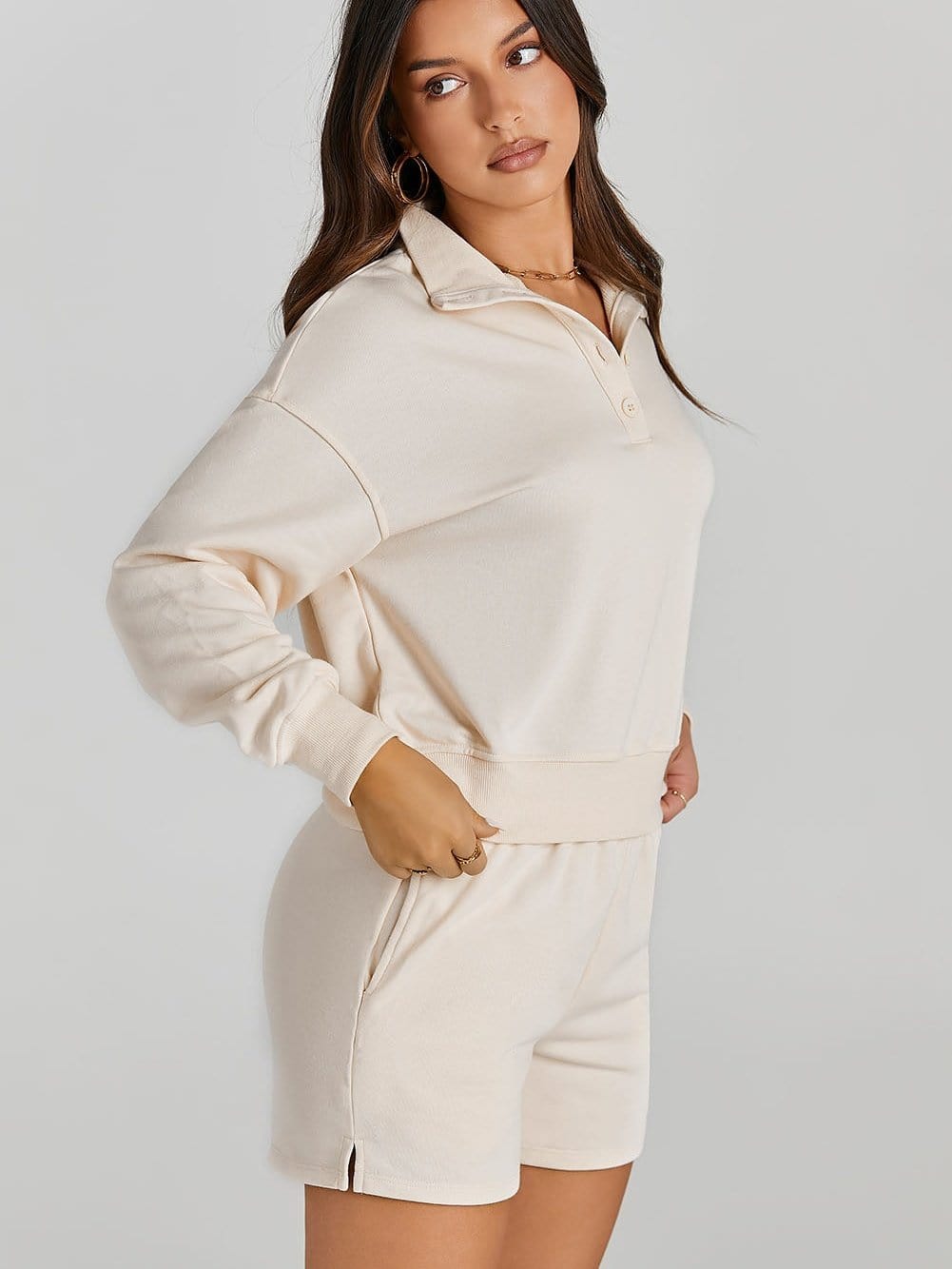 Apricot High Neck Henley Top and Shorts Set - Stylish Casual Outfit