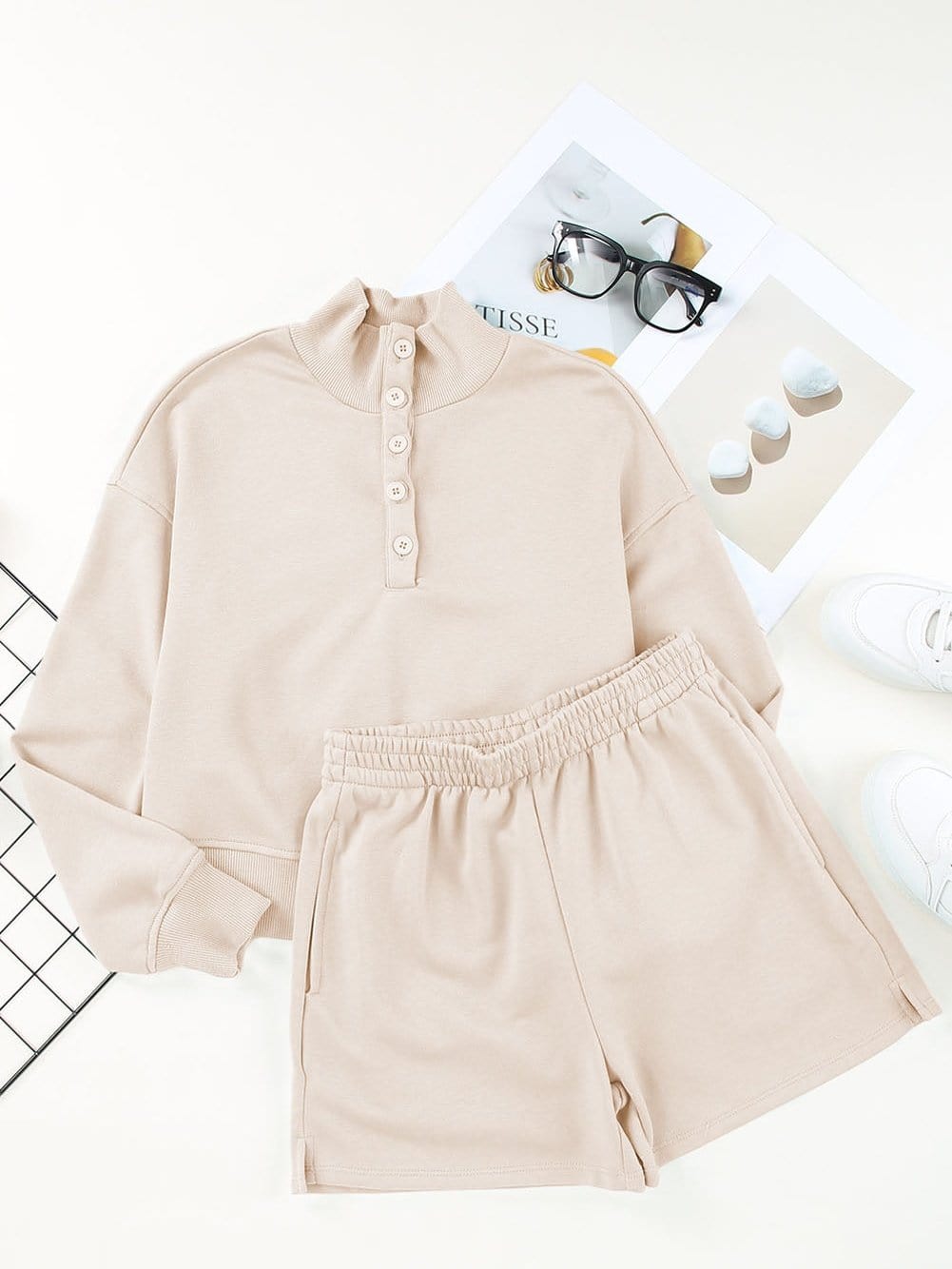 Apricot High Neck Henley Top and Shorts Set - Stylish Casual Outfit
