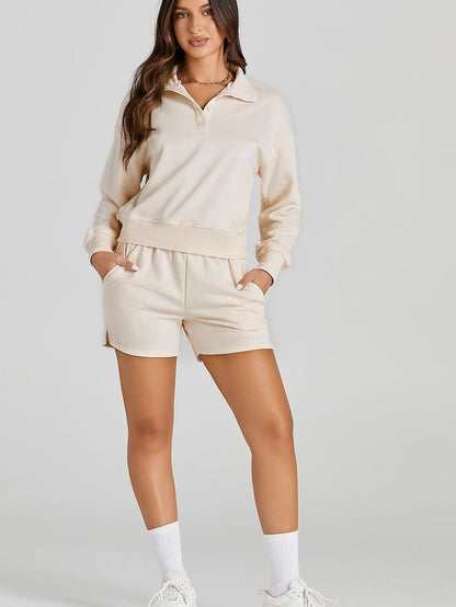Apricot High Neck Henley Top and Shorts Set - Stylish Casual Outfit