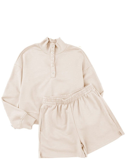 Apricot High Neck Henley Top and Shorts Set - Stylish Casual Outfit