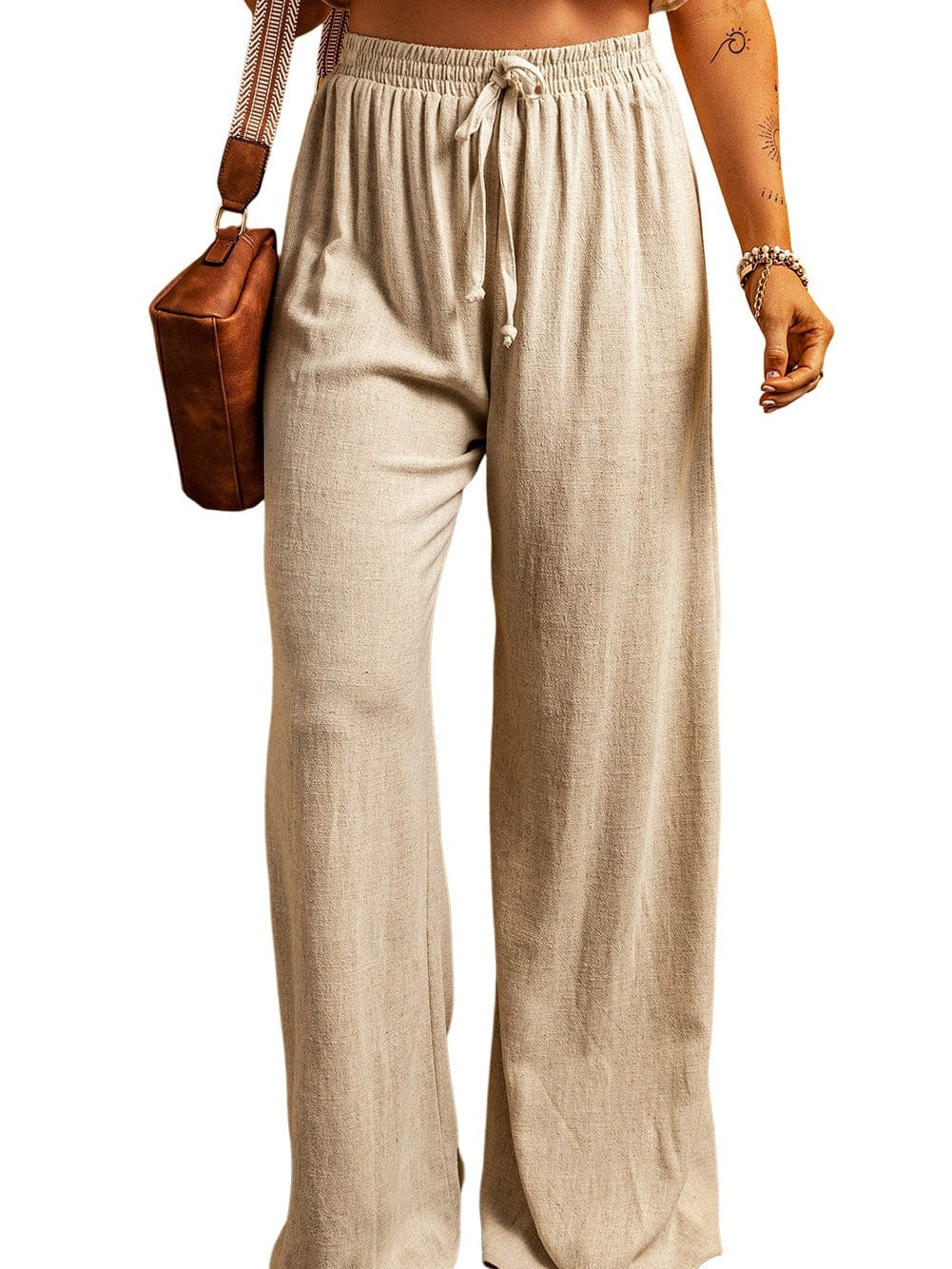 Apricot High Waist Wide Leg Drawstring Casual Pants
