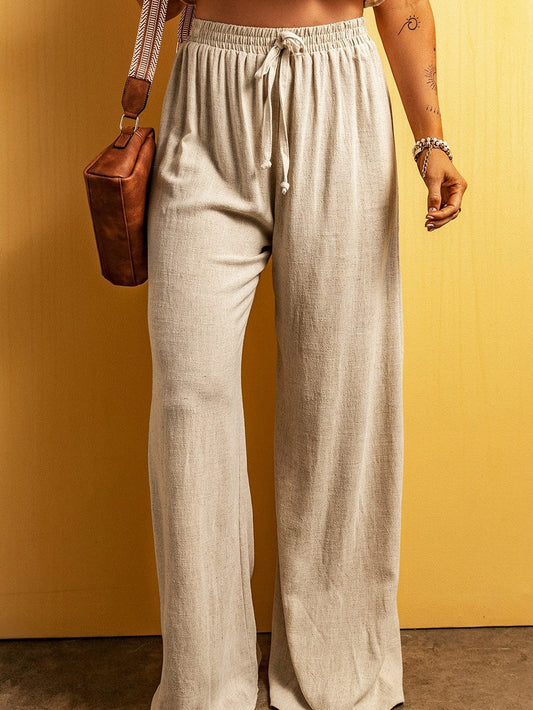 Apricot High Waist Wide Leg Drawstring Casual Pants