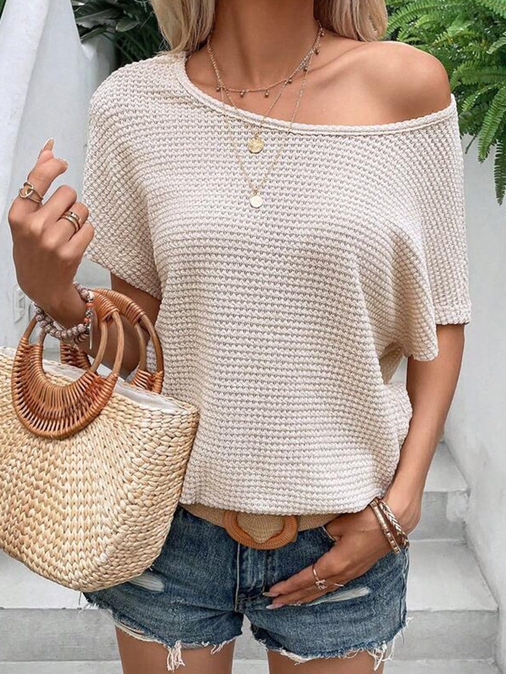 Apricot Hollow-Out Draped Back Waffle Knit Tee