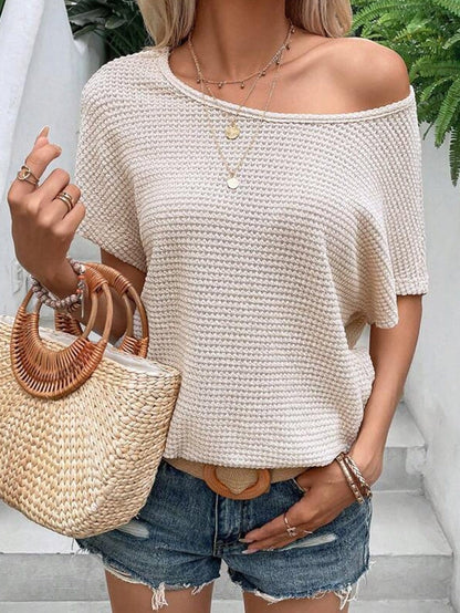 Apricot Hollow-Out Draped Back Waffle Knit Tee