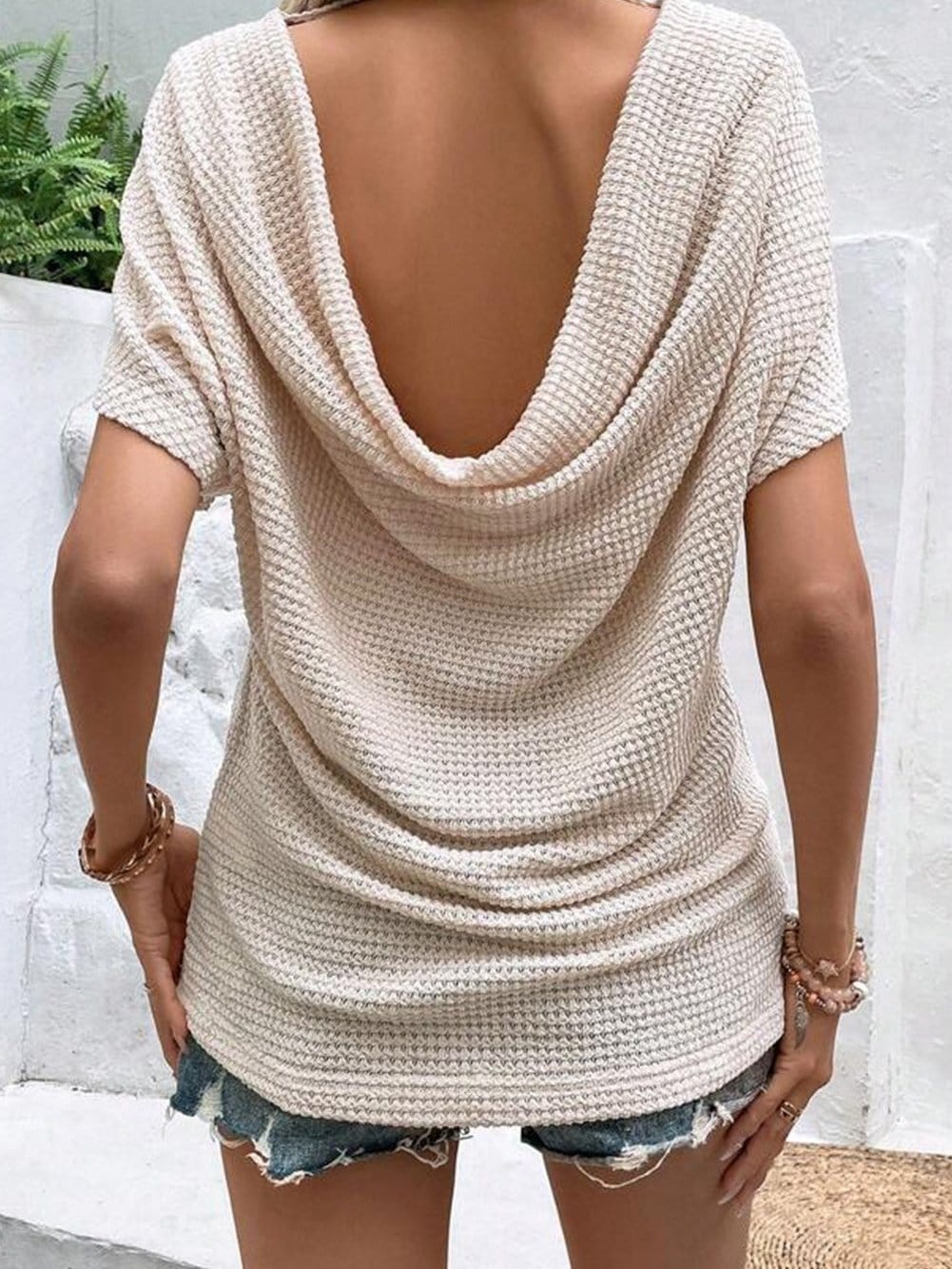 Apricot Hollow-Out Draped Back Waffle Knit Tee