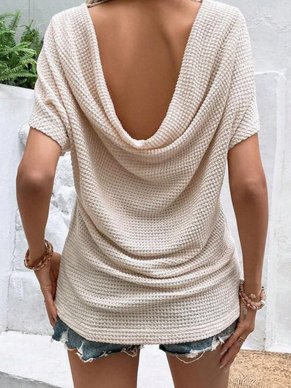 Apricot Hollow-Out Draped Back Waffle Knit Tee