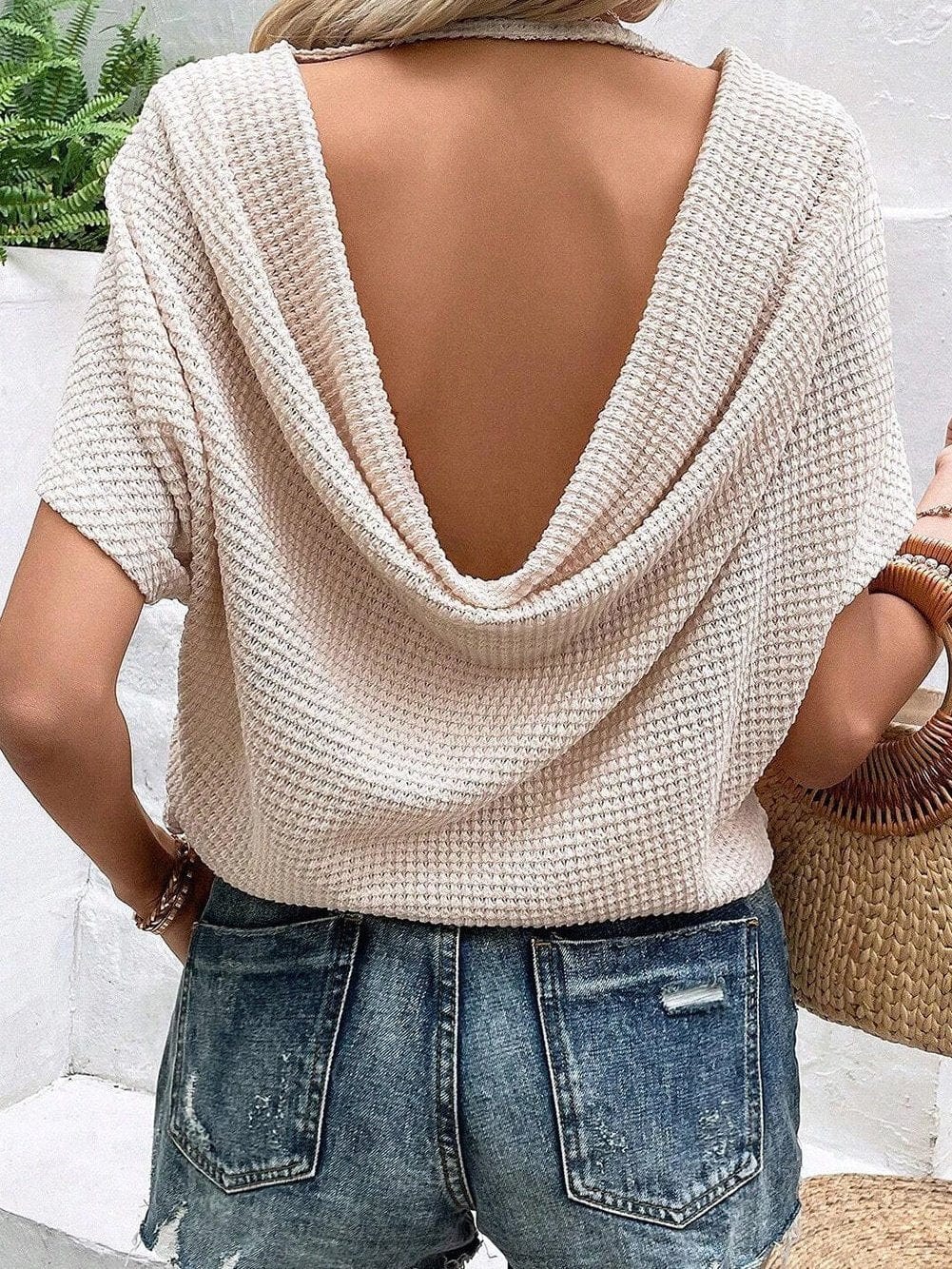 Apricot Hollow-Out Draped Back Waffle Knit Tee