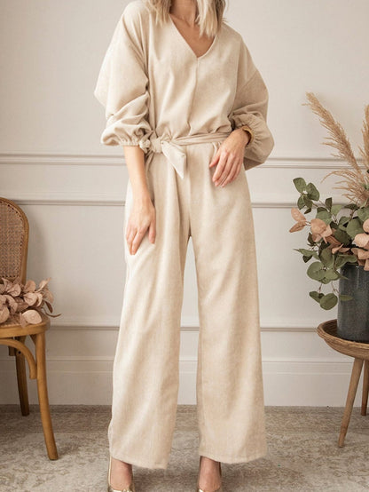 Apricot Keyhole Back V Neck Tie Waist Loose Jumpsuit