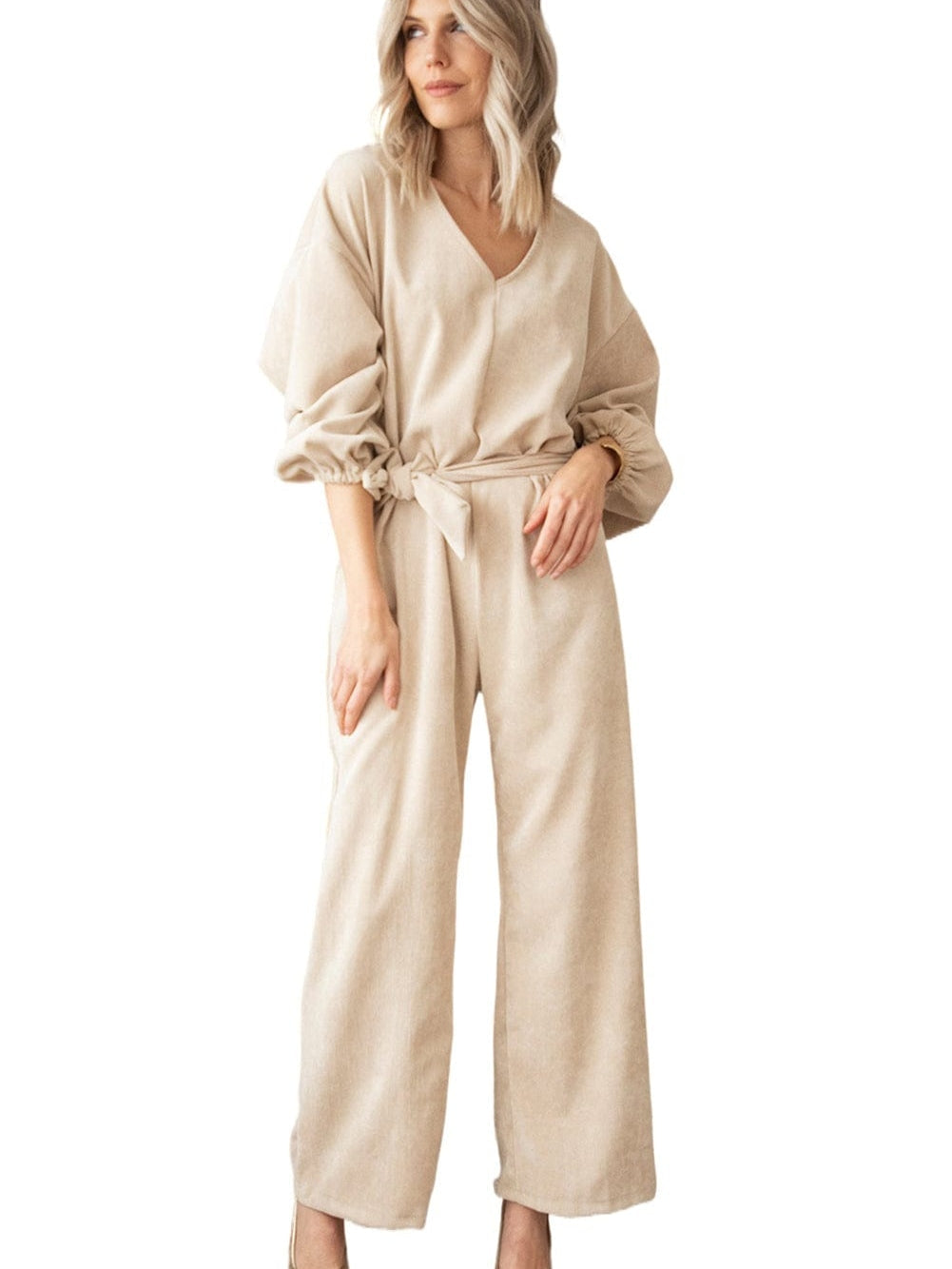 Apricot Keyhole Back V Neck Tie Waist Loose Jumpsuit