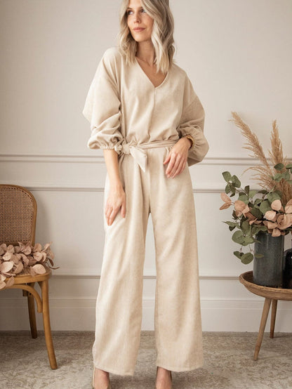Apricot Keyhole Back V Neck Tie Waist Loose Jumpsuit
