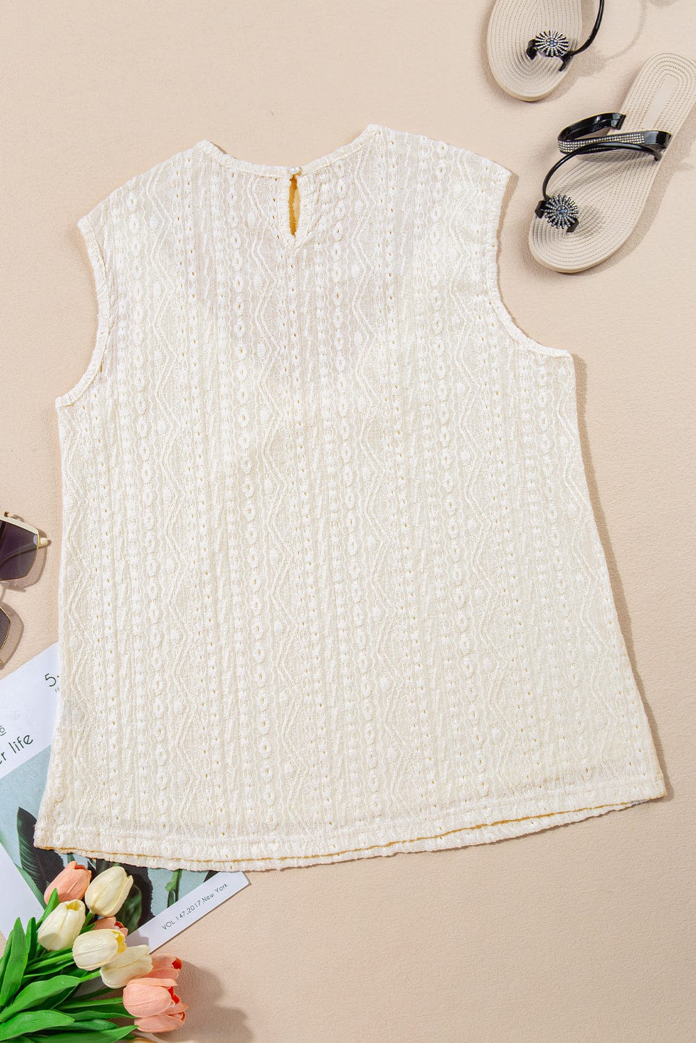 Apricot Lace Crochet Keyhole Back Sleeveless Tank Top