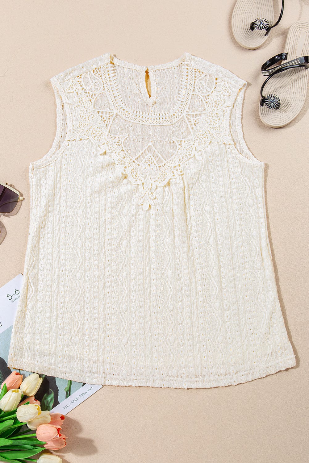 Apricot Lace Crochet Keyhole Back Sleeveless Tank Top