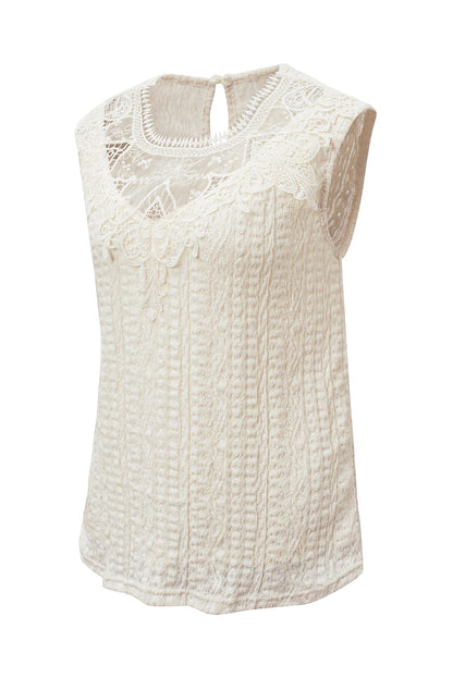Apricot Lace Crochet Keyhole Back Sleeveless Tank Top