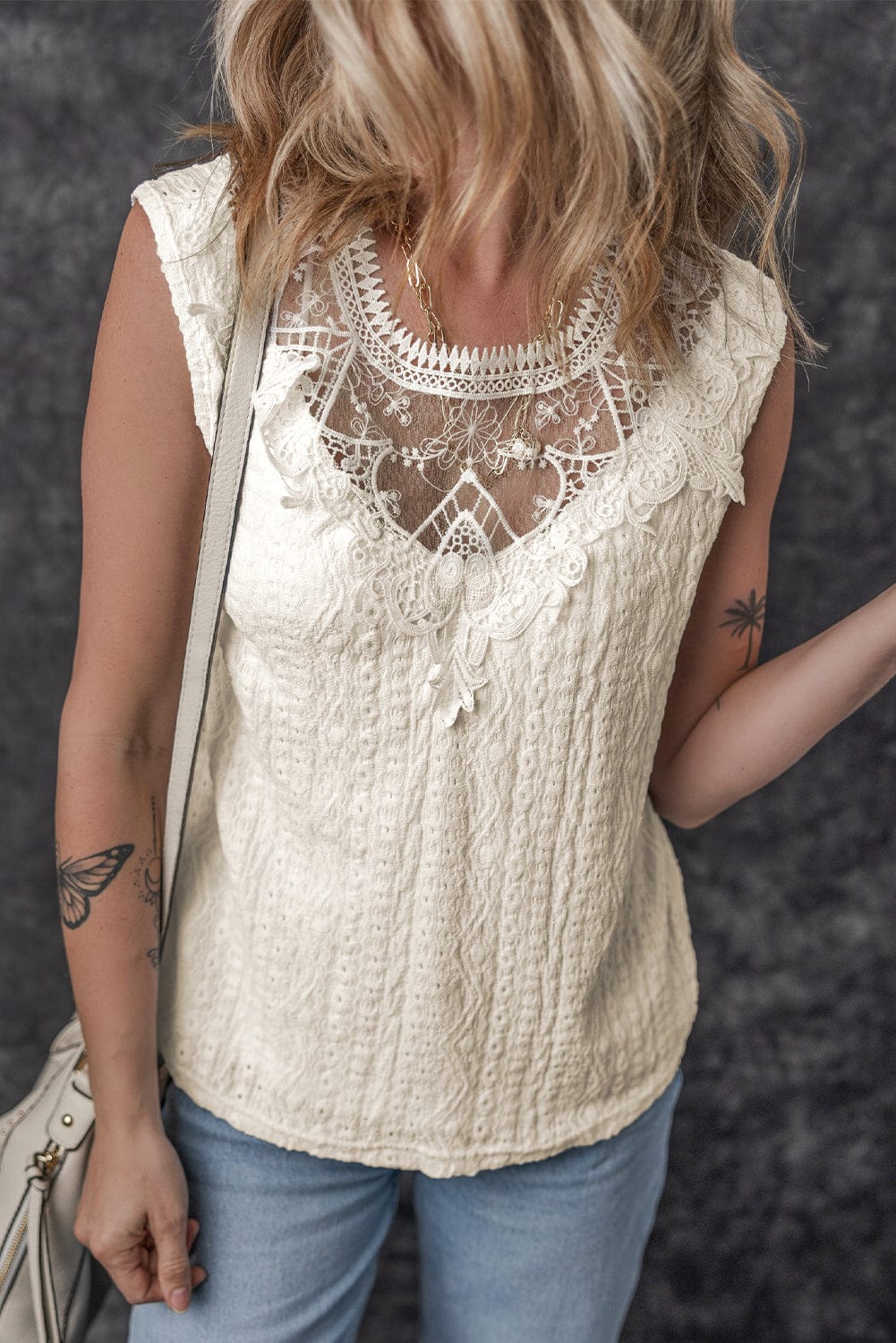 Apricot Lace Crochet Keyhole Back Sleeveless Tank Top